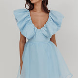 Kahlo Ruffle Neckline Mini Dress Blue
