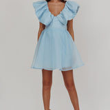 Kahlo Ruffle Neckline Mini Dress Blue