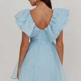 Kahlo Ruffle Neckline Mini Dress Blue