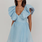 Kahlo Ruffle Neckline Mini Dress Blue