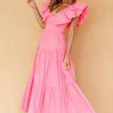 Kahlo Puffed Ruffle Neckline Maxi Dress Soft Pink