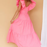 Kahlo Puffed Ruffle Neckline Maxi Dress Soft Pink