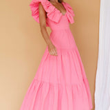 Kahlo Puffed Ruffle Neckline Maxi Dress Soft Pink