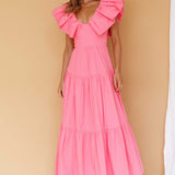 Kahlo Puffed Ruffle Neckline Maxi Dress Soft Pink
