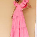 Kahlo Puffed Ruffle Neckline Maxi Dress Soft Pink