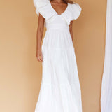 Kahlo Puffed Ruffle Neckline Maxi Dress White