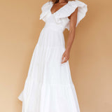 Kahlo Puffed Ruffle Neckline Maxi Dress White