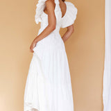 Kahlo Puffed Ruffle Neckline Maxi Dress White