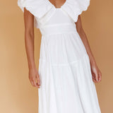 Kahlo Puffed Ruffle Neckline Maxi Dress White