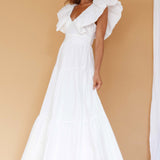 Kahlo Puffed Ruffle Neckline Maxi Dress White