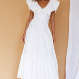 Kahlo Puffed Ruffle Neckline Maxi Dress White