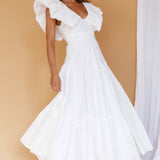 Kahlo Puffed Ruffle Neckline Maxi Dress White