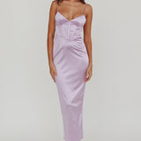 Seraya Lace-Up Back Satin Maxi Dress Lilac