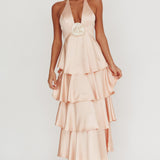 Catalina Tiered Ruffle Rosette Maxi Dress Peach