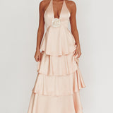 Catalina Tiered Ruffle Rosette Maxi Dress Peach