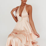 Catalina Tiered Ruffle Rosette Maxi Dress Peach