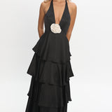 Catalina Tiered Ruffle Rosette Maxi Dress Black