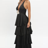 Catalina Tiered Ruffle Rosette Maxi Dress Black