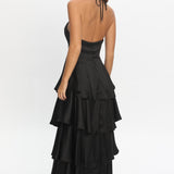 Catalina Tiered Ruffle Rosette Maxi Dress Black
