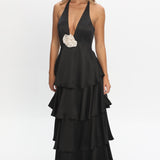 Catalina Tiered Ruffle Rosette Maxi Dress Black