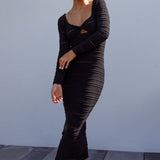 Beachside Crochet Knit Long Sleeve Midi Dress Black