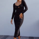 Beachside Crochet Knit Long Sleeve Midi Dress Black