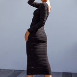 Beachside Crochet Knit Long Sleeve Midi Dress Black