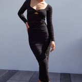 Beachside Crochet Knit Long Sleeve Midi Dress Black