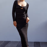 Beachside Crochet Knit Long Sleeve Midi Dress Black