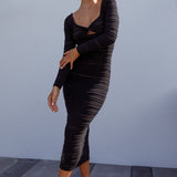 Beachside Crochet Knit Long Sleeve Midi Dress Black
