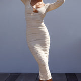 Beachside Crochet Knit Long Sleeve Midi Dress Oat