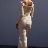 Beachside Crochet Knit Long Sleeve Midi Dress Oat