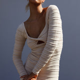Beachside Crochet Knit Long Sleeve Midi Dress Oat