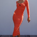 Beachside Crochet Knit Long Sleeve Midi Dress Tangerine