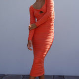 Beachside Crochet Knit Long Sleeve Midi Dress Tangerine
