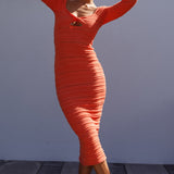 Beachside Crochet Knit Long Sleeve Midi Dress Tangerine