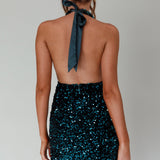 Zurie Plunging Halter Mini Dress Sequin Green