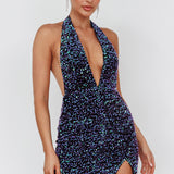 Zurie Plunging Halter Mini Dress Sequin Purple