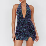 Zurie Plunging Halter Mini Dress Sequin Purple