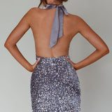 Zurie Plunging Halter Mini Dress Sequin Silver