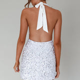 Zurie Plunging Halter Mini Dress Sequin White
