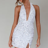 Zurie Plunging Halter Mini Dress Sequin White