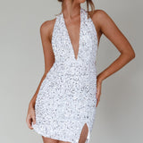 Zurie Plunging Halter Mini Dress Sequin White