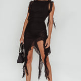 After Party Sleeveless Ruffle Trim Mini Dress Black