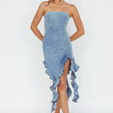After Party Ruffle Trim Mini Dress Denim Blue