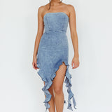 After Party Ruffle Trim Mini Dress Denim Blue