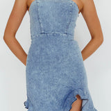 After Party Ruffle Trim Mini Dress Denim Blue
