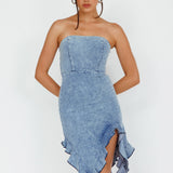 After Party Ruffle Trim Mini Dress Denim Blue