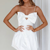 Spring Dance Flounce Hem Bow Dress White