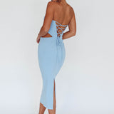 Dragonfly Lace-up Back Midi Dress Blue